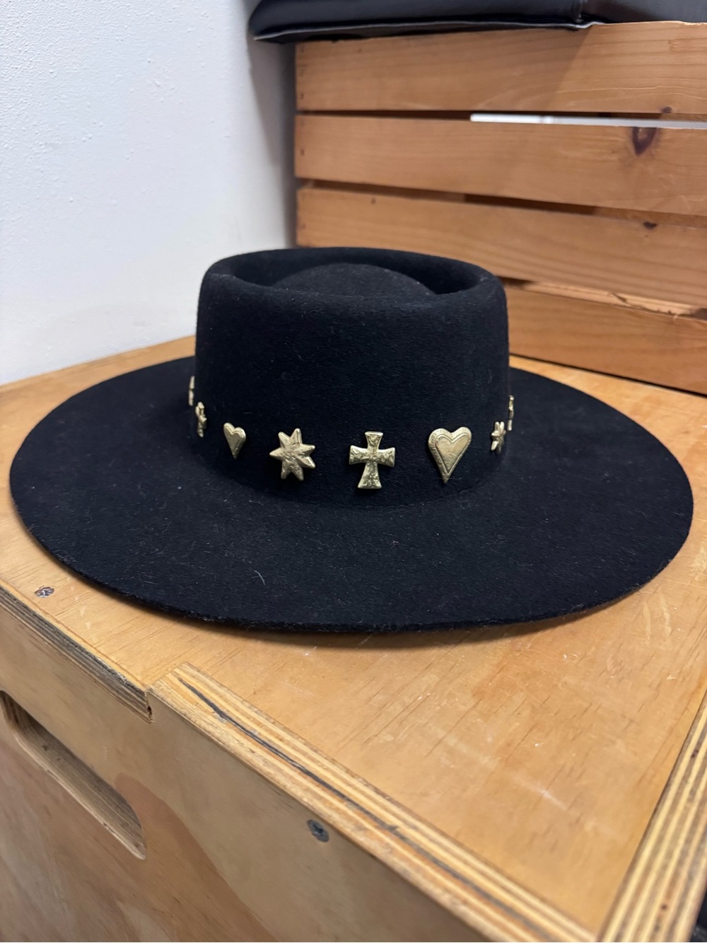 Lack of Color Celestial Boater Black Wool Hat - Gold Conchos - M 57cm